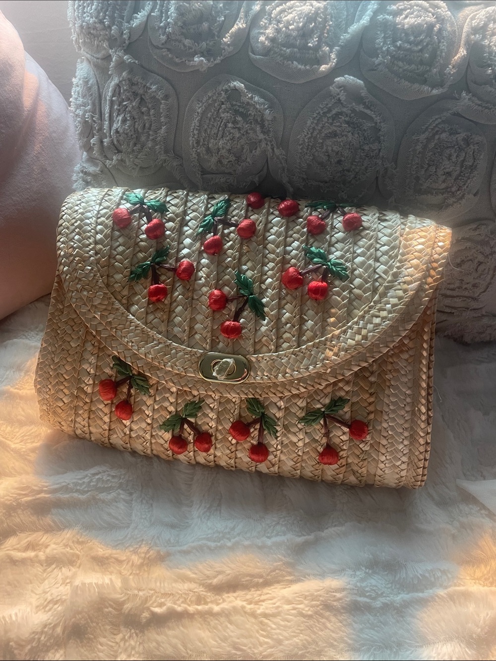 Woven Straw Cherry Embroidered Clutch - Natural
